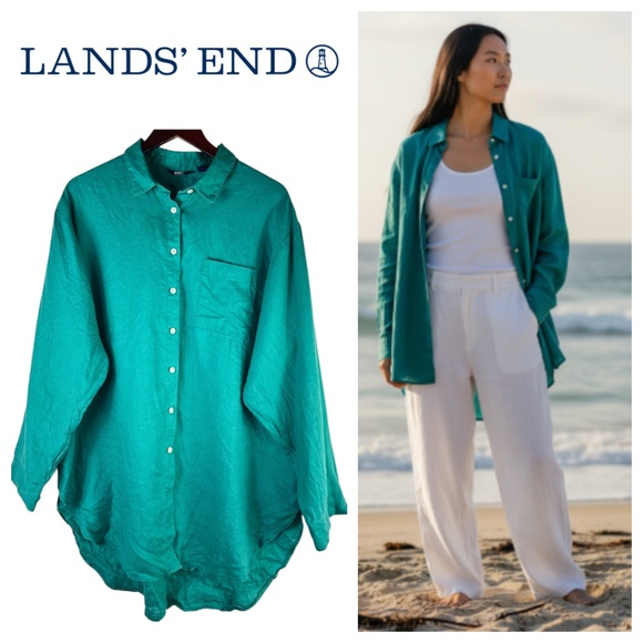 Lands' End Tops - Lands End Long Tunic Shirt Top Button Down LINEN Sz Large XL 14 16 Green Teal